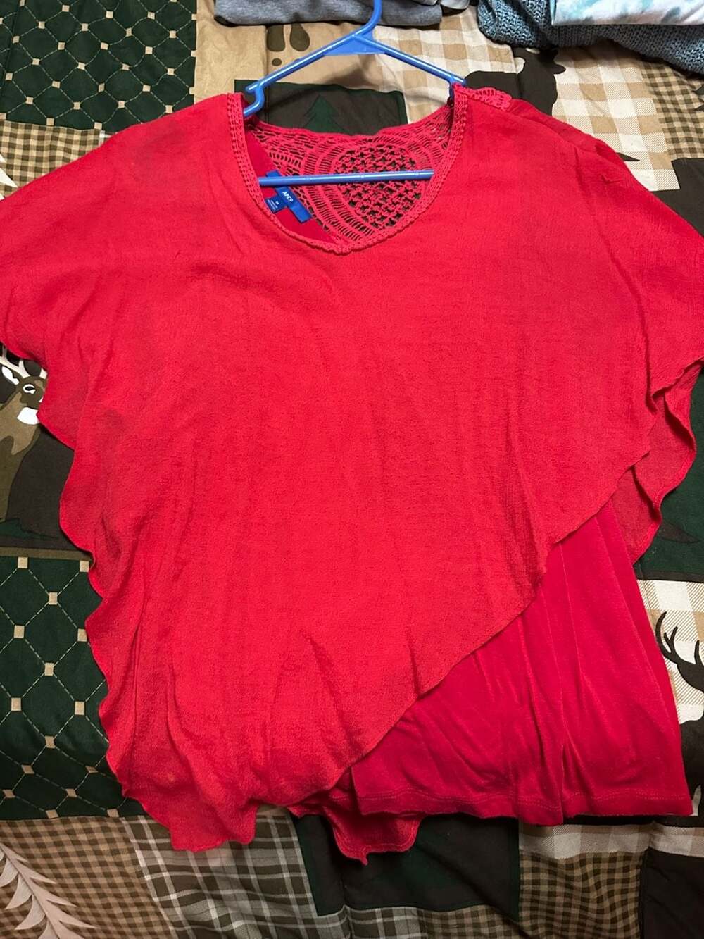 Apt. 9 Red Asymmetrical Overlay Short Sleeve Tunic Top with Crochet Back